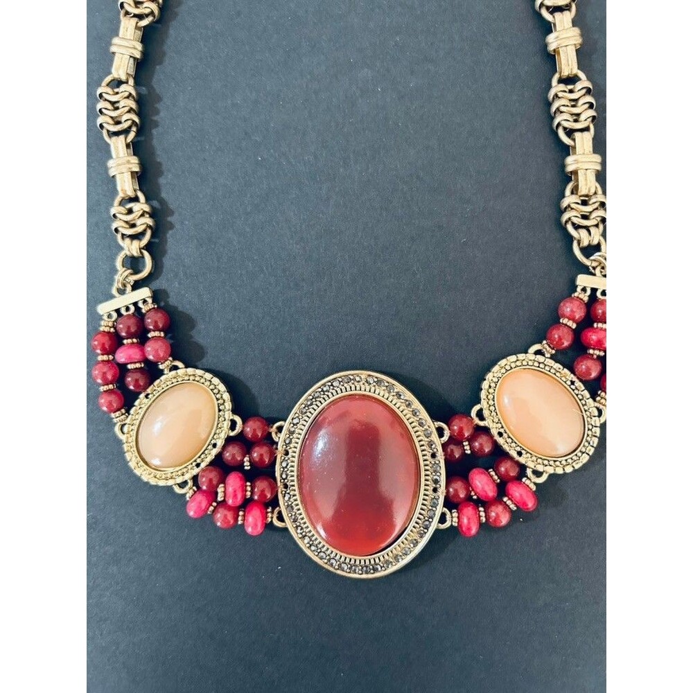Chico's Statement Necklace Earring Set Gold Tone Beaded Cabochon Costume Jewelry - Picture 2 of 5